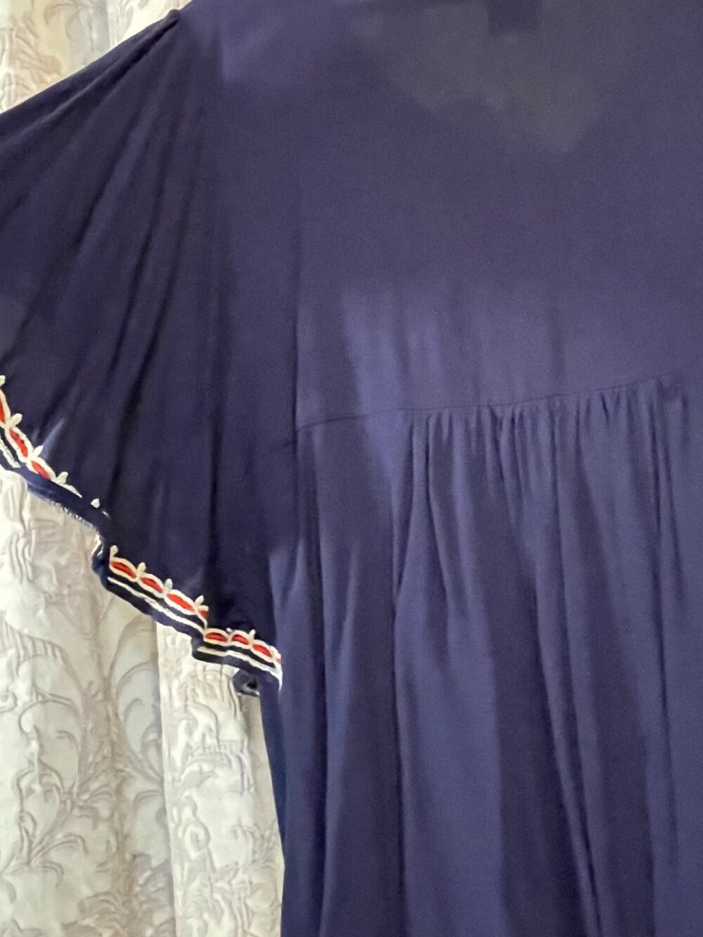 Boho Med. Urban Mangoz Navy/Red/Ivory Womens Embroidered V-Neck Empire Waist Top - Picture 11 of 13